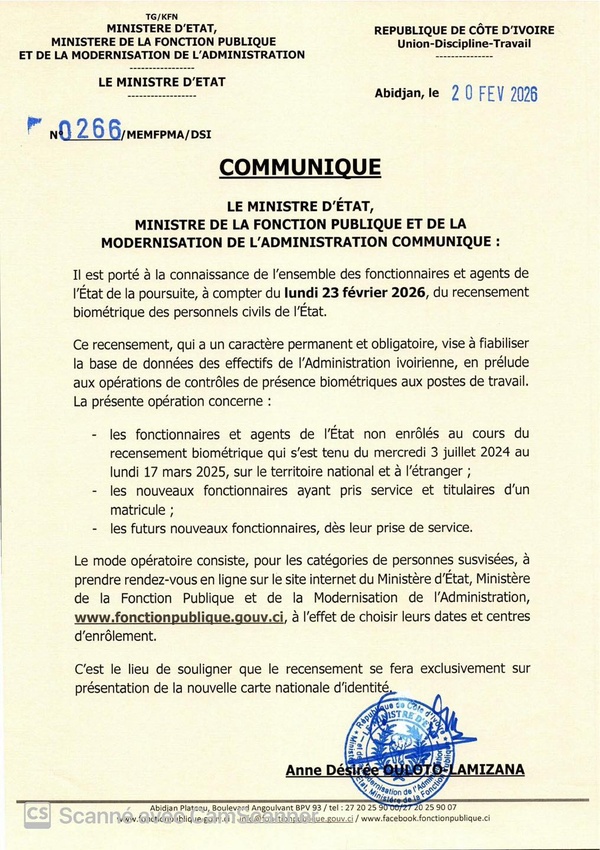Recensement biométrique des fonctionnaires et agents de l'État de Côte d'Ivoire 2026 : prise de rendez-vous Recensement biométrique des fonctionnaires et agents de l'État de Côte d'Ivoire 2026 : prise de rendez-vous
