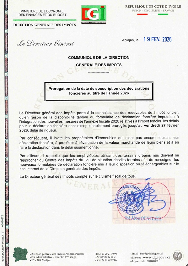Impôt foncier en Côte d'Ivoire 2026, report de la date limite : tout savoir Impôt foncier en Côte d'Ivoire 2026, report de la date limite : tout savoir