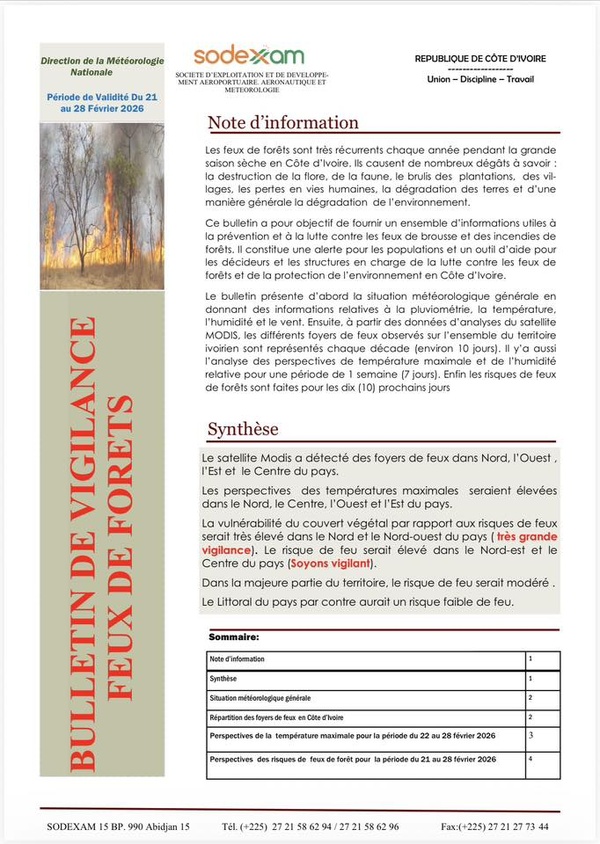 Feux de forêt 2026 en Côte d'Ivoire : la SODEXAM place le Nord en vigilance rouge du 21 au 28 février Feux de forêt 2026 en Côte d'Ivoire : la SODEXAM place le Nord en vigilance rouge du 21 au 28 février