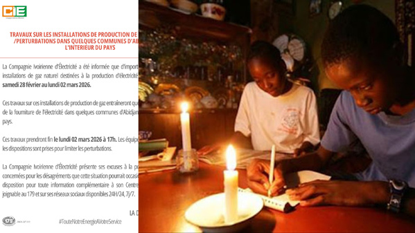 Coupures d'électricité à Abidjan et dans plusieurs villes du pays du 28 février au 2 mars 2026 annonce la CIE © Crédit photo DR