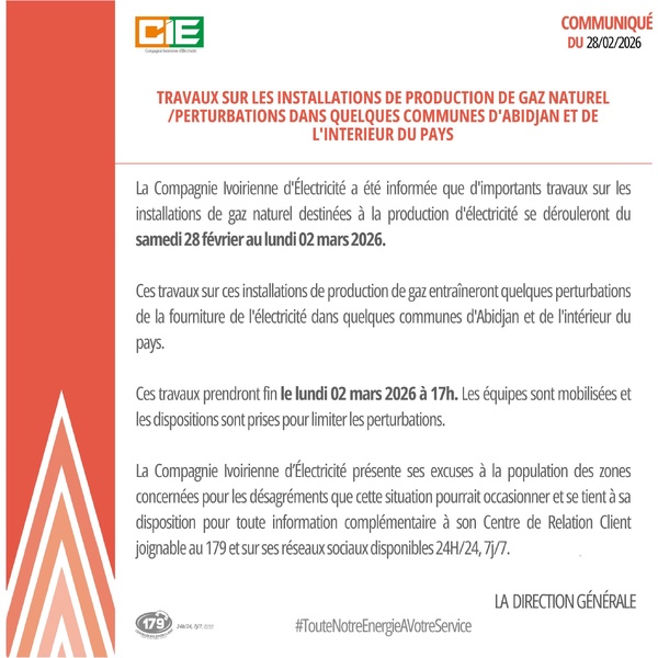 Coupures d'électricité à Abidjan et dans plusieurs villes du pays du 28 février au 2 mars 2026 annonce la CIE Coupures d'électricité à Abidjan et dans plusieurs villes du pays du 28 février au 2 mars 2026 annonce la CIE