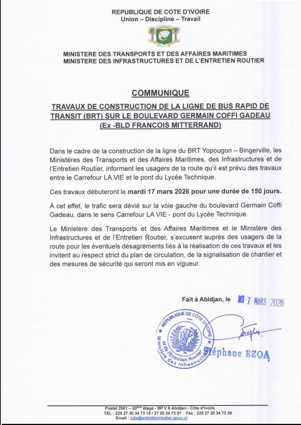 Travaux BRT Yopougon-Bingerville, des routes fermées cinq mois à Abidjan : ce qu'il faut savoir des déviations
