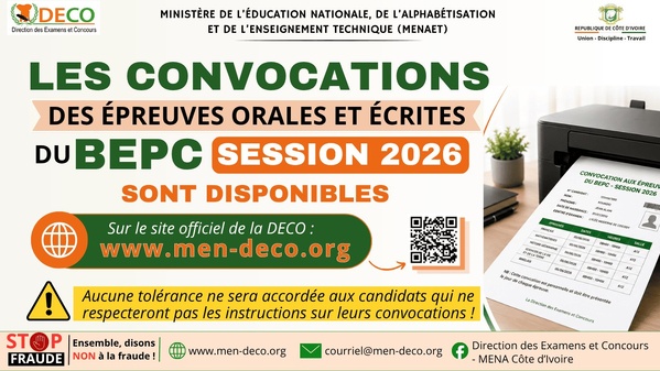 BEPC 2026 CI - Téléchargez votre convocation ici sur exam-deco.org dès maintenant © Crédit photo DR BEPC 2026 CI - Téléchargez votre convocation ici sur exam-deco.org dès maintenant © Crédit photo DR