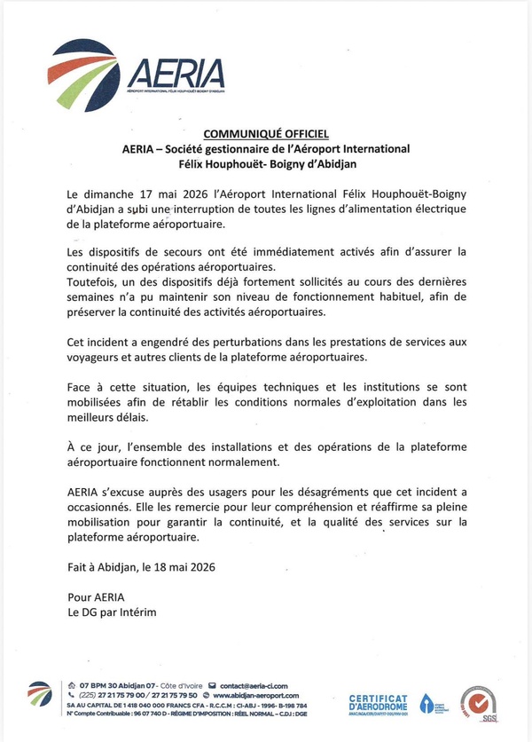 Panne à l'aéroport d'Abidjan : l'AERIA se prononce