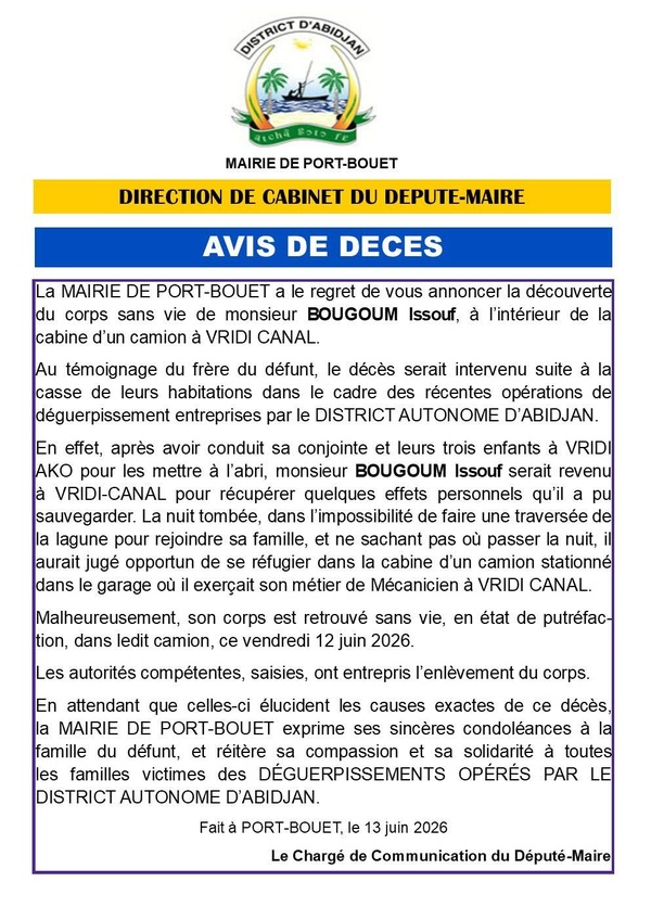 Port-Bouët, un déplacé du déguerpissement retrouvé mort à Vridi Canal