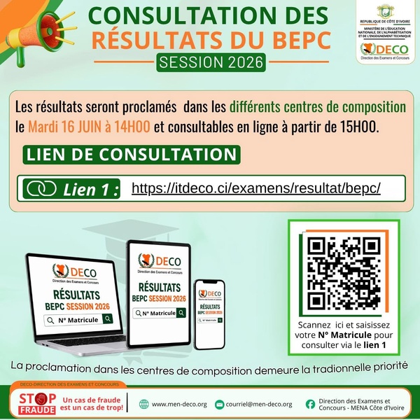 Lien itdeco.ci résultats BEPC 2026 CI : accès direct admis © Crédit photo DR Lien itdeco.ci résultats BEPC 2026 CI : accès direct admis © Crédit photo DR