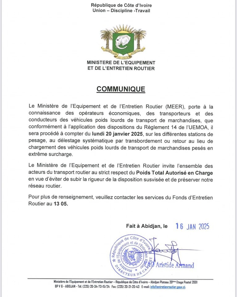 Surcharge routière : délestage obligatoire des poids lourds en Côte d'Ivoire dès ce 20 janvier