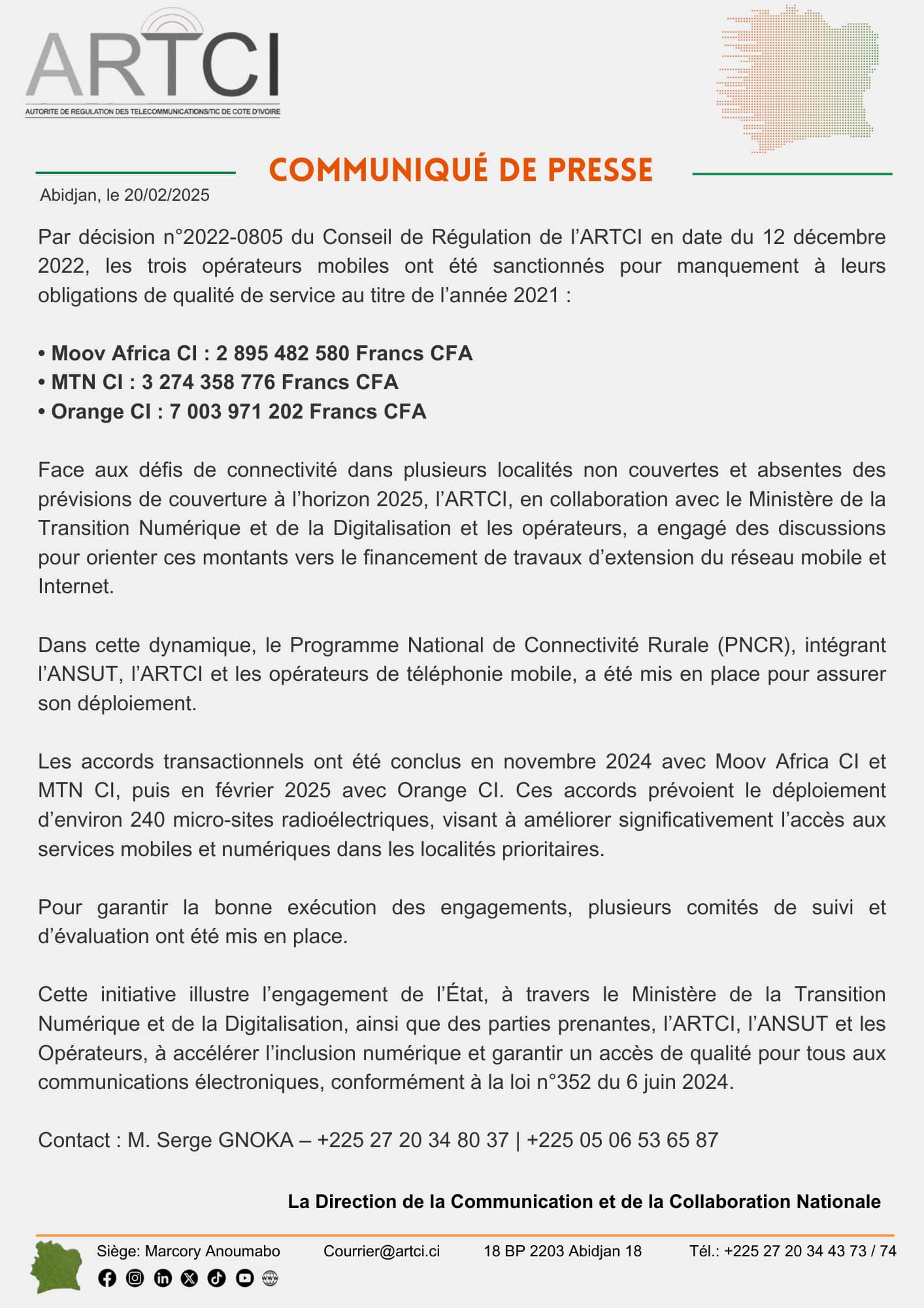 L'ARTCI sanctionne Orange, MTN et Moov pour 13 milliards FCFA L'ARTCI sanctionne Orange, MTN et Moov pour 13 milliards FCFA