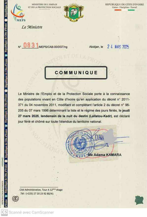Nuit du destin 2025 : le 27 mars déclaré jour férié chômé en Côte d'Ivoire