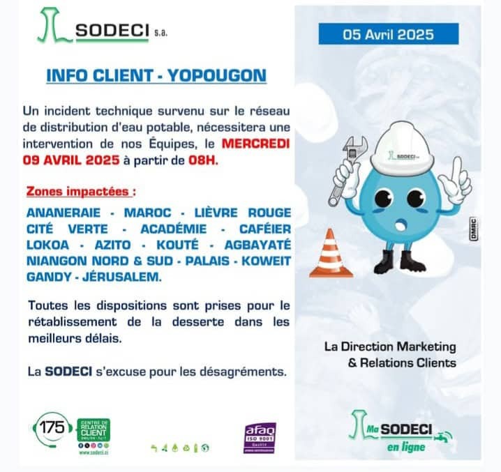 Coupure d'eau à Yopougon : la SODECI annonce une intervention sur le réseau d'eau potable ce 9 avril 2025 