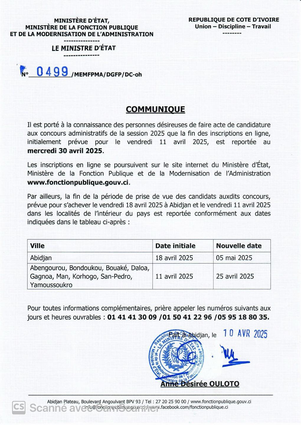 Concours de la fonction publique 2025 en Côte d'Ivoire : les inscriptions reportées du 11 au 30 avril
