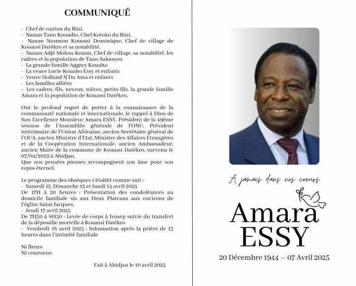 Amara Essy sera inhumé le 18 avril à Kouassi Datékro : le programme des obsèques © Crédit photo DR Amara Essy sera inhumé le 18 avril à Kouassi Datékro : le programme des obsèques © Crédit photo DR