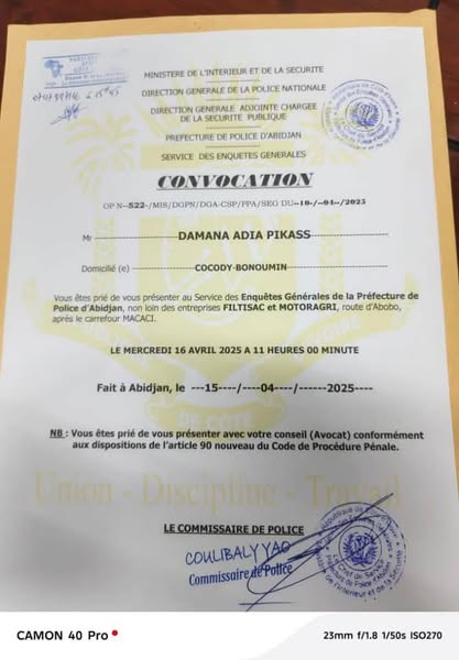 Damana Pickass convoqué par la police ivoirienne