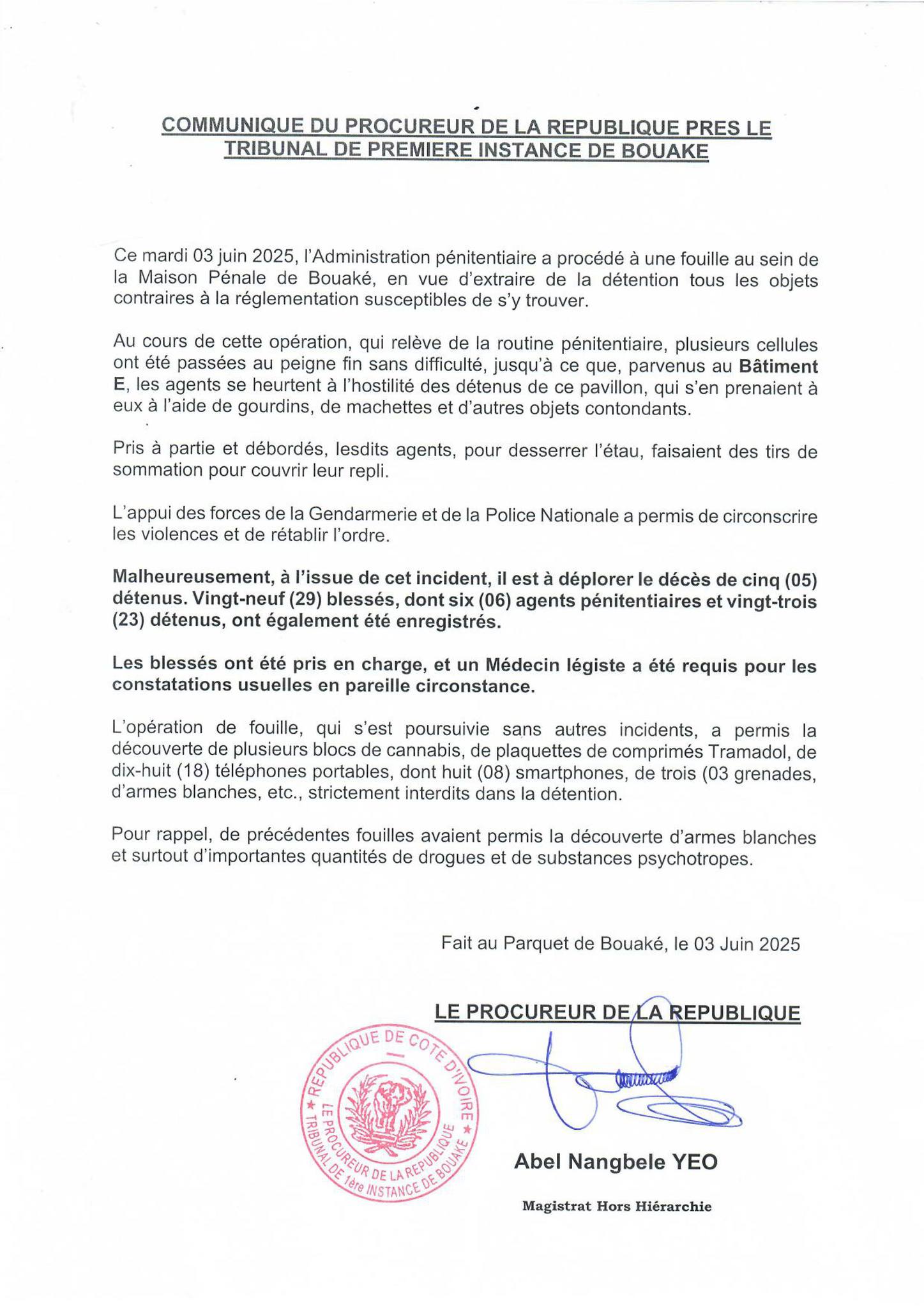 Affaire mutinerie à la prison de Bouaké ce 3 juin 2025 : 5 morts, les précisions de l'Administration pénitentiaire