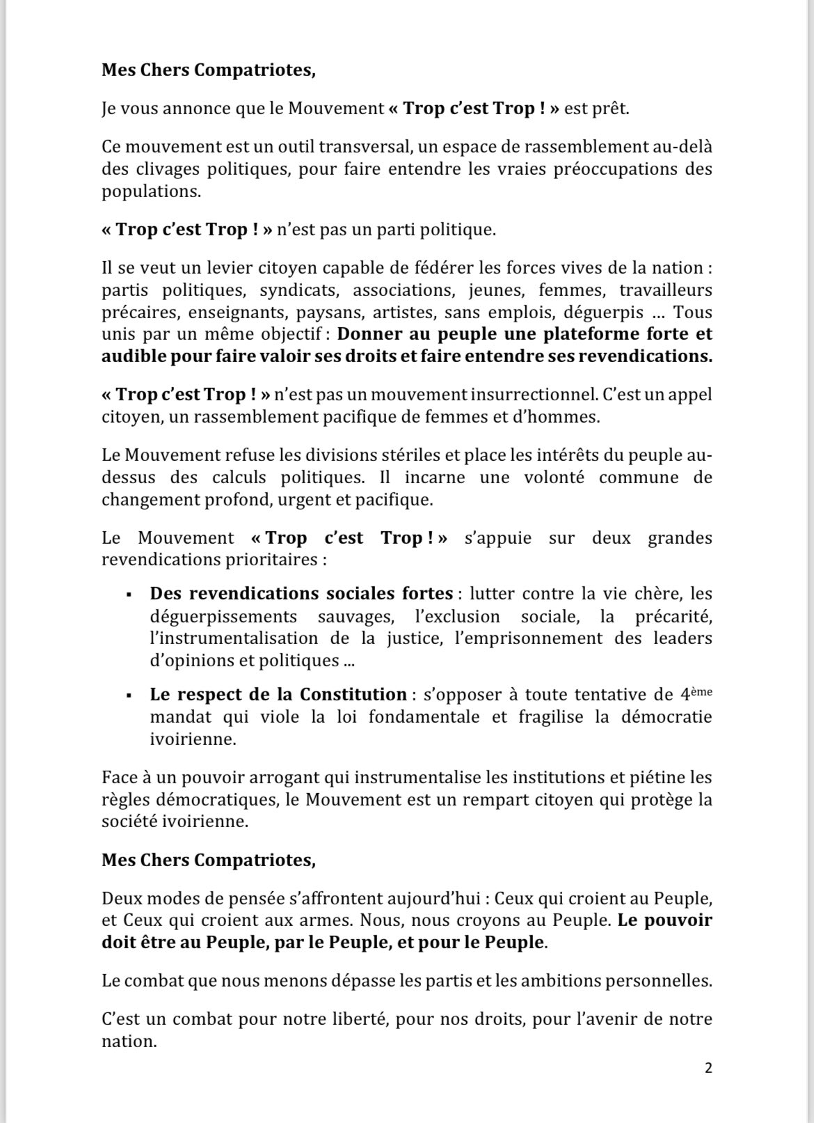 Lettre ouverte de Laurent Gbagbo au peuple de Côte d'Ivoire ce 12 juin 2025