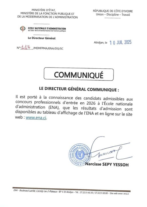 Résultats ENA 2026 concours professionnel disponibles en Côte d'Ivoire : liste des admis, consulter
