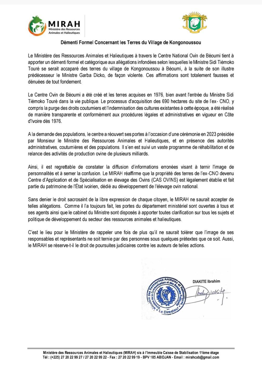 Affaire Centre National Ovin de Béoumi : le ministre Sidi Touré dément toute appropriation de terres