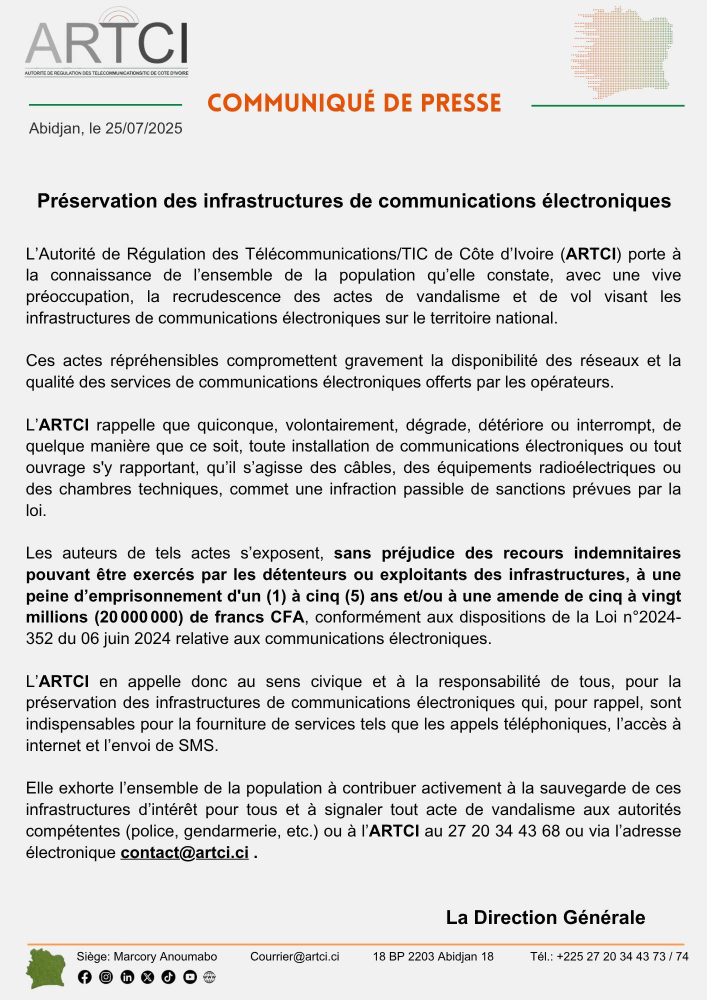 Vandalisme des infrastructures télécoms en Côte d'Ivoire : l'ARTCI brandit la menace pénale