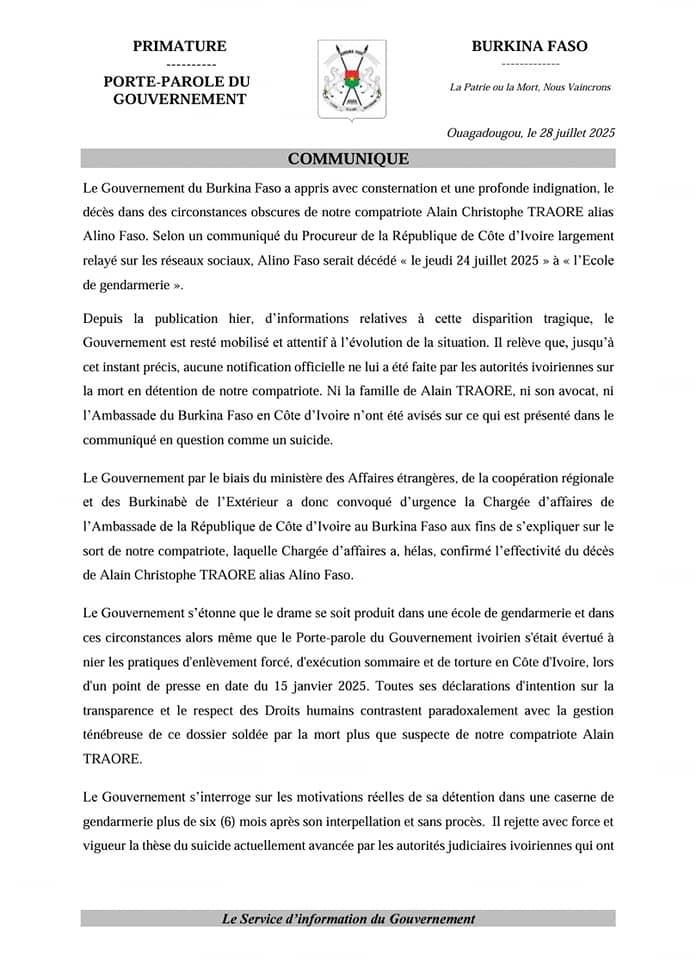 Mort d'Alino Faso à Abidjan : le Burkina rejette la thèse du suicide