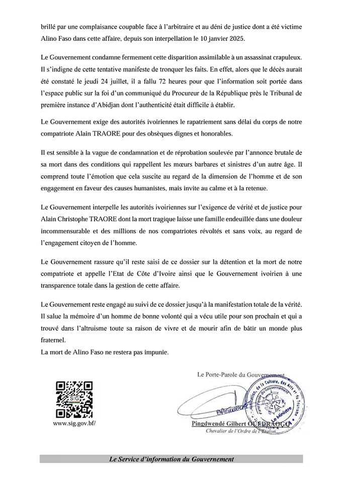 Mort d'Alino Faso à Abidjan : le Burkina rejette la thèse du suicide