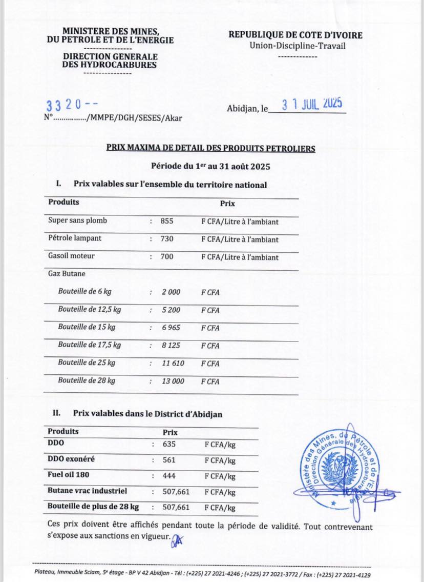 Prix carburants en Côte d'Ivoire : voici les tarifs pour le mois d'août 2025