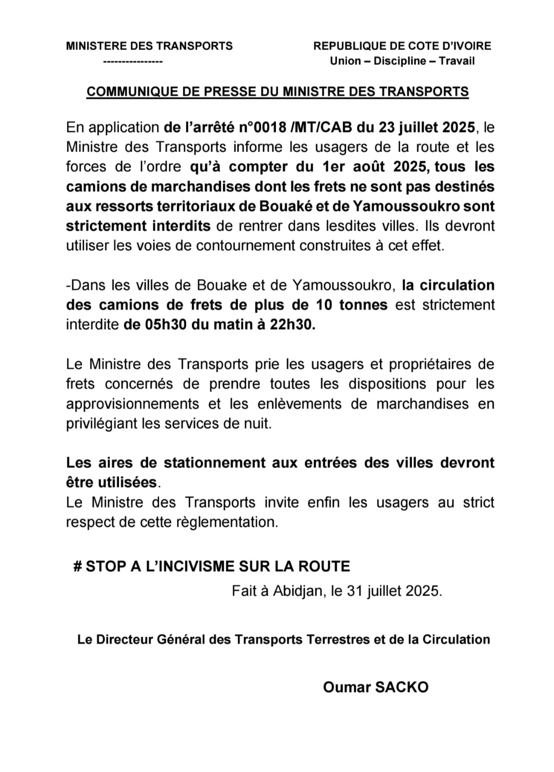 Interdiction des camions des poids lourds à Bouaké et Yamoussoukro dès ce 1er août 2025