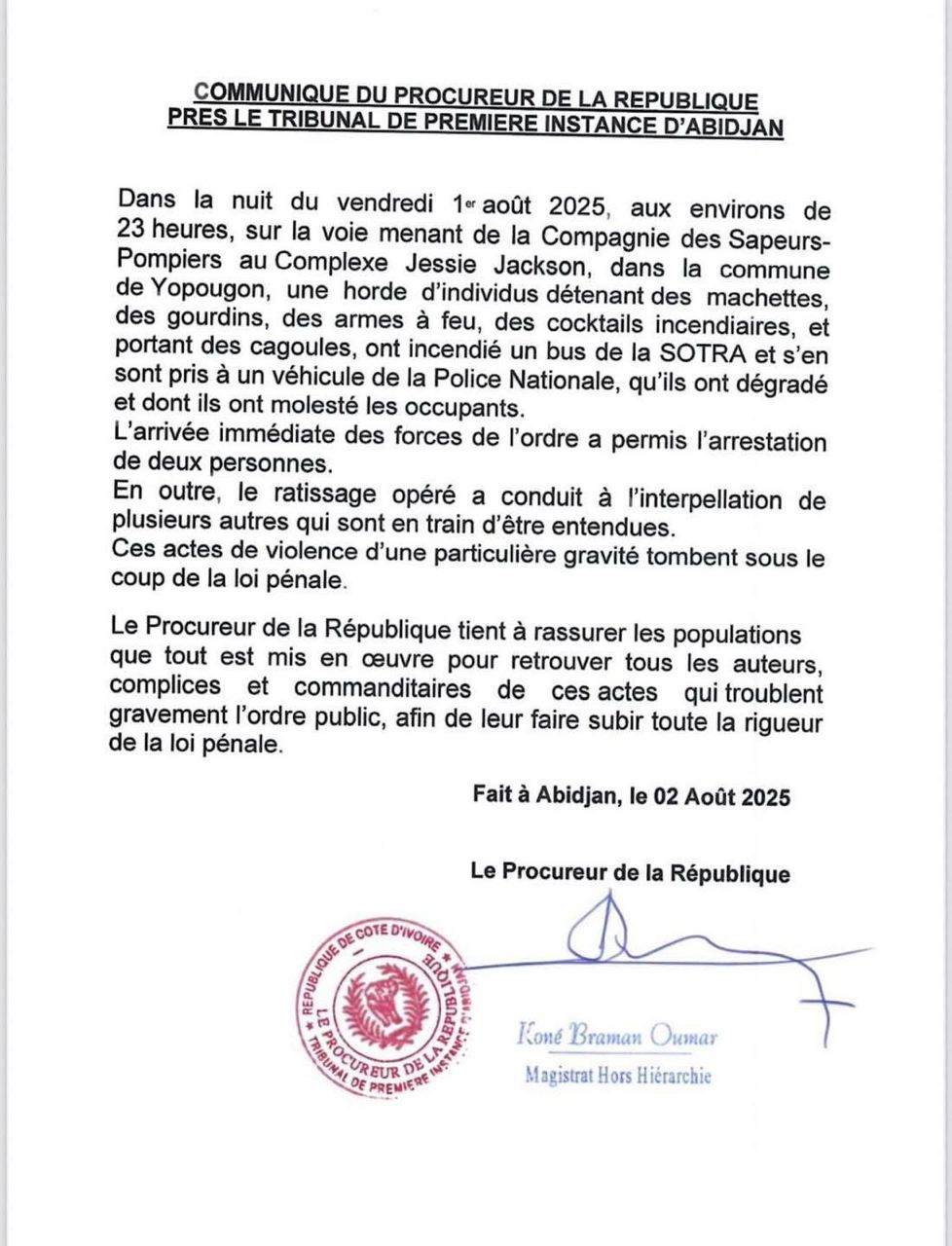 Attaque à Yopougon le 1er août 2025 : le procureur se prononce 
