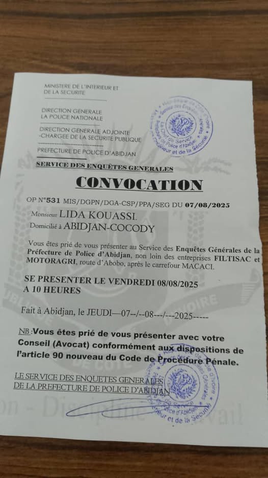 Lida Kouassi convoqué à la police ce vendredi