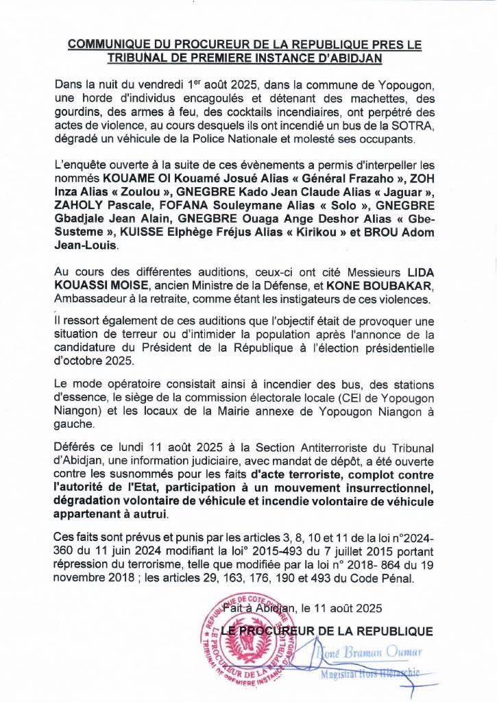 Violence à Yopougon, le Procureur annonce 11 arrestations pour terrorisme