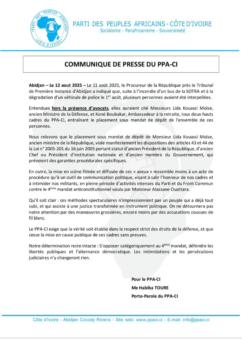 Le communiqué de presse du PPA-CI ce 12 août 2025 qui conteste l'arrestation de Lida Kouassi