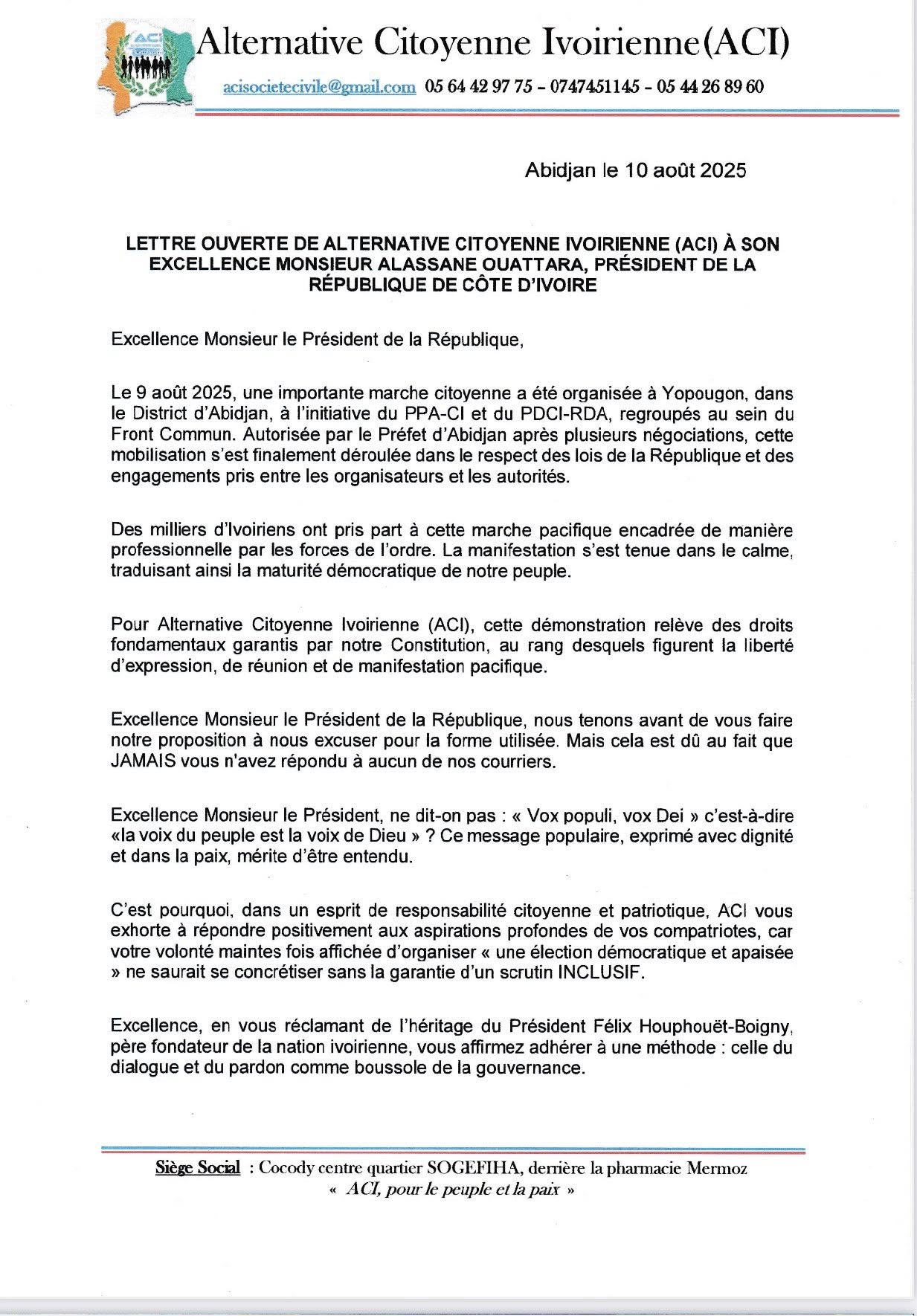 Lettre de Pulchérie Gbalet à Alassane Ouattara : la présidente de l'ACI réclame un dialogue national inclusif