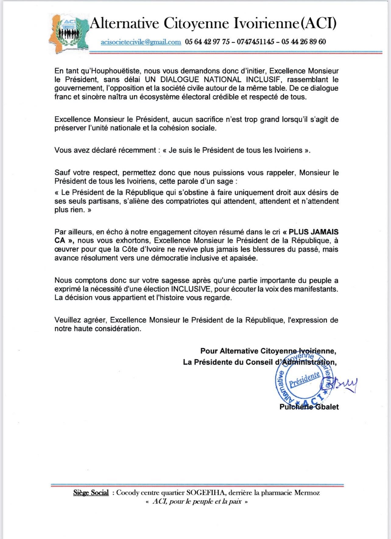 Lettre de Pulchérie Gbalet à Alassane Ouattara : la présidente de l'ACI réclame un dialogue national inclusif