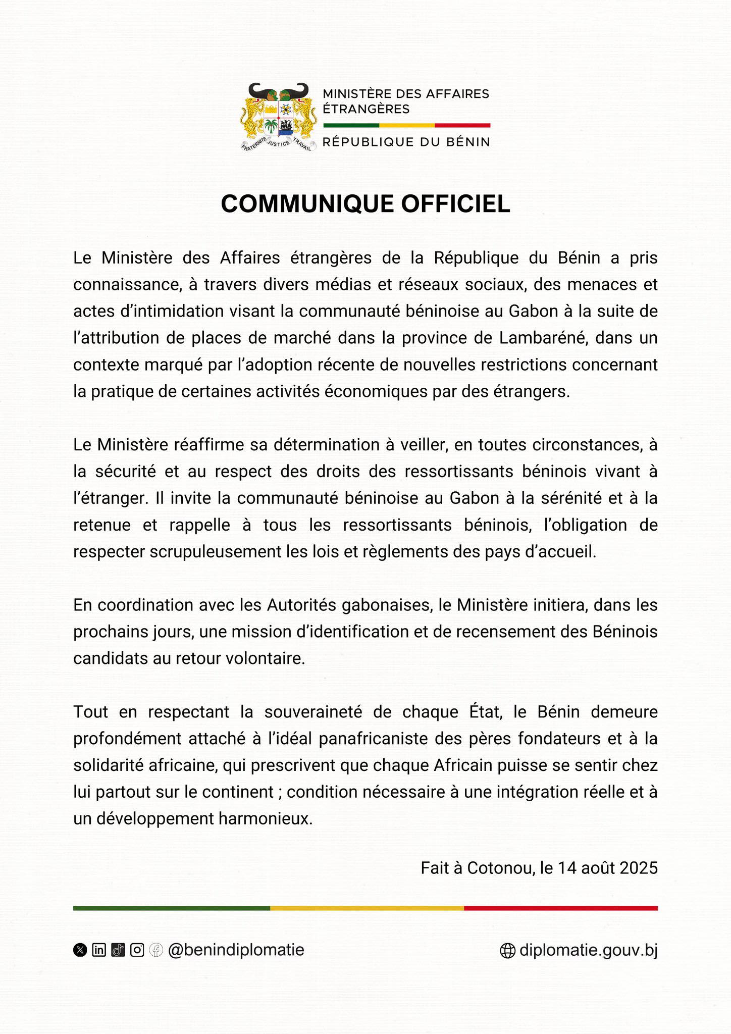 Le Bénin dénonce les menaces contre sa communauté à Lambaréné au Gabon