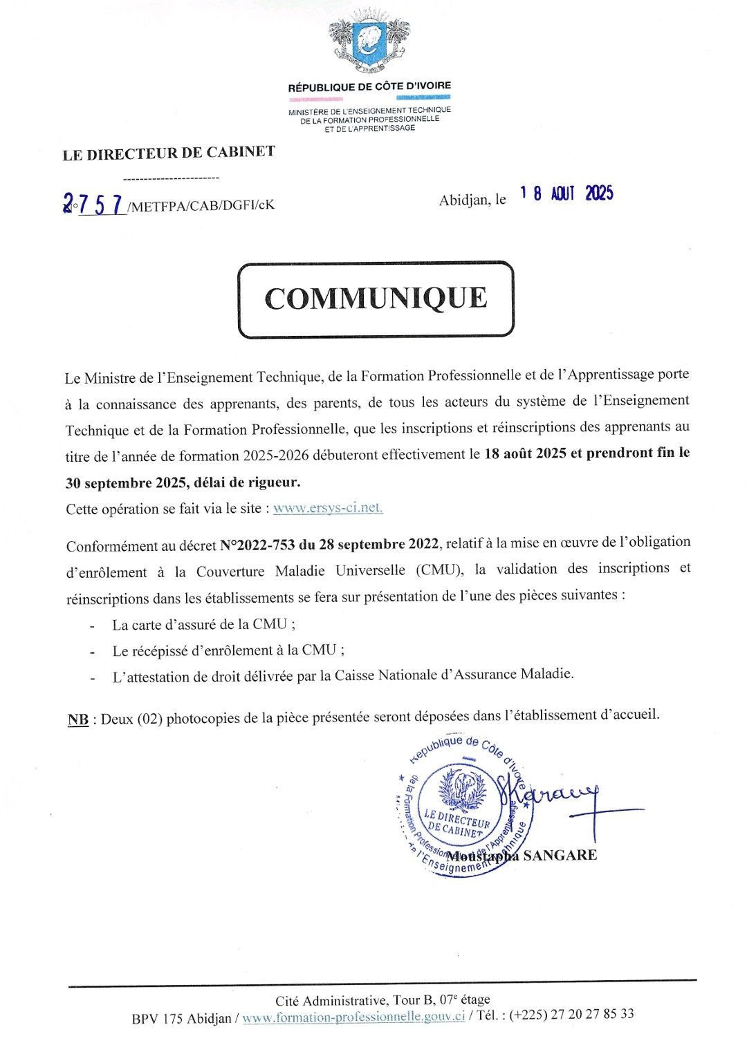 Inscriptions et réinscriptions pour l'année scolaire 2025-2026 au ministère ivoirien de l'Enseignement Technique lancées : dates clés et comment s’inscrire