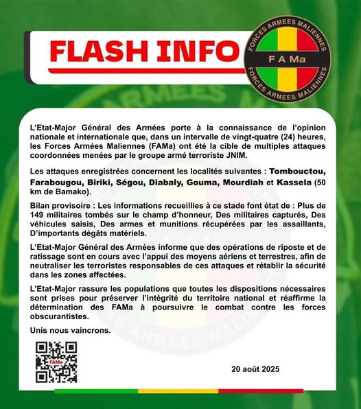 Attaques djihadiste du JNIM au Mali : plus de 149 soldats tués en 24h, l'armée malienne sous pression