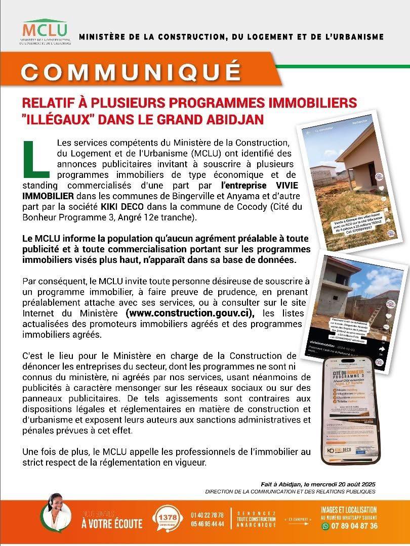 Programmes immobiliers non agréés identifiés à Abidjan : le ministère de la Construction appelle à la vigilance, la liste