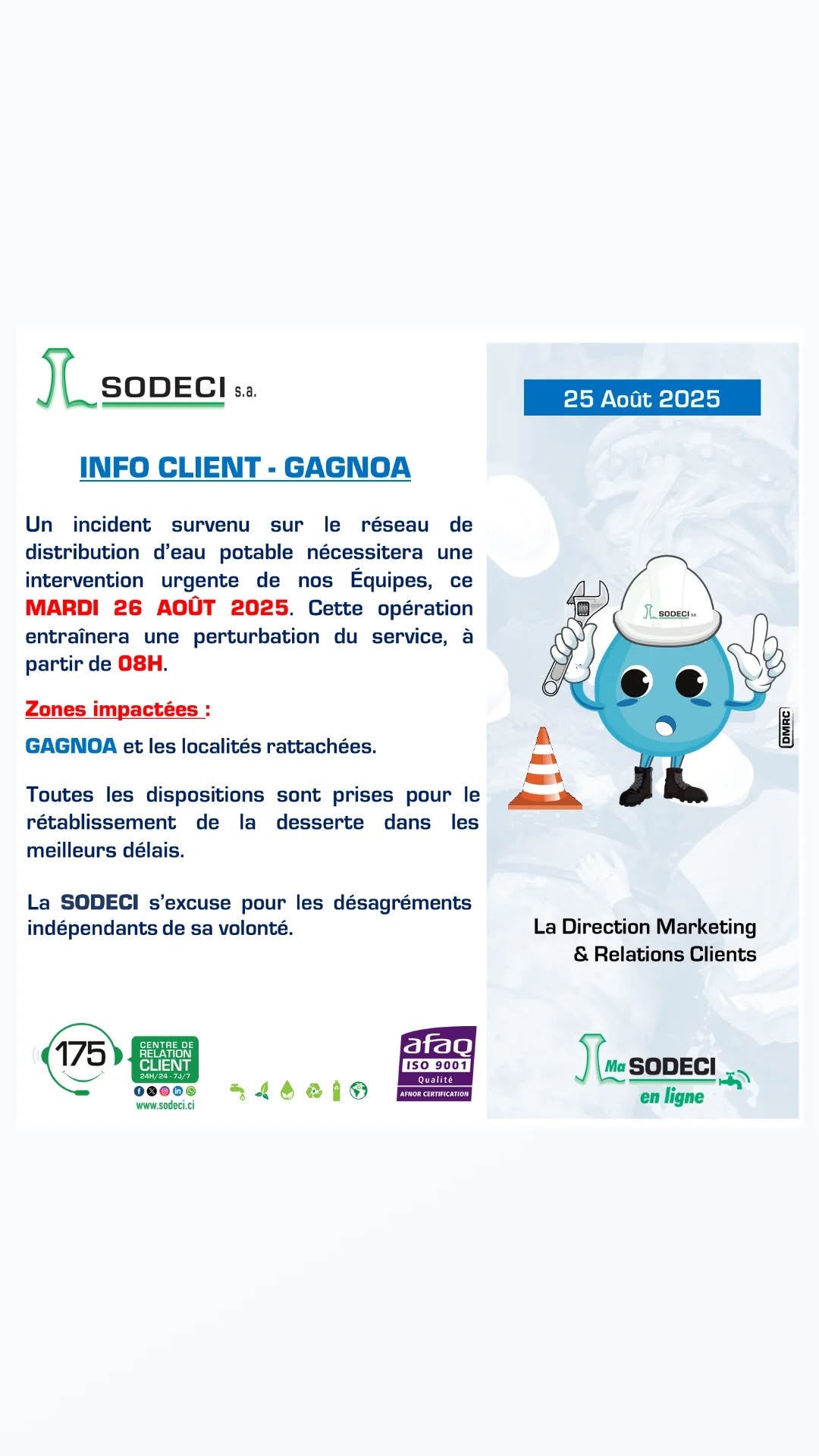 SODECI - Coupure d’eau à Gagnoa ce mardi