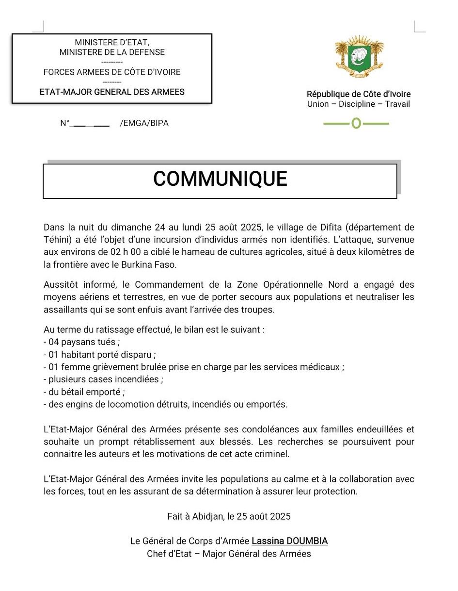 Attaque à Téhini dans le nord de la Côte d'Ivoire : 4 paysans tués à Difita, l'armée déployée