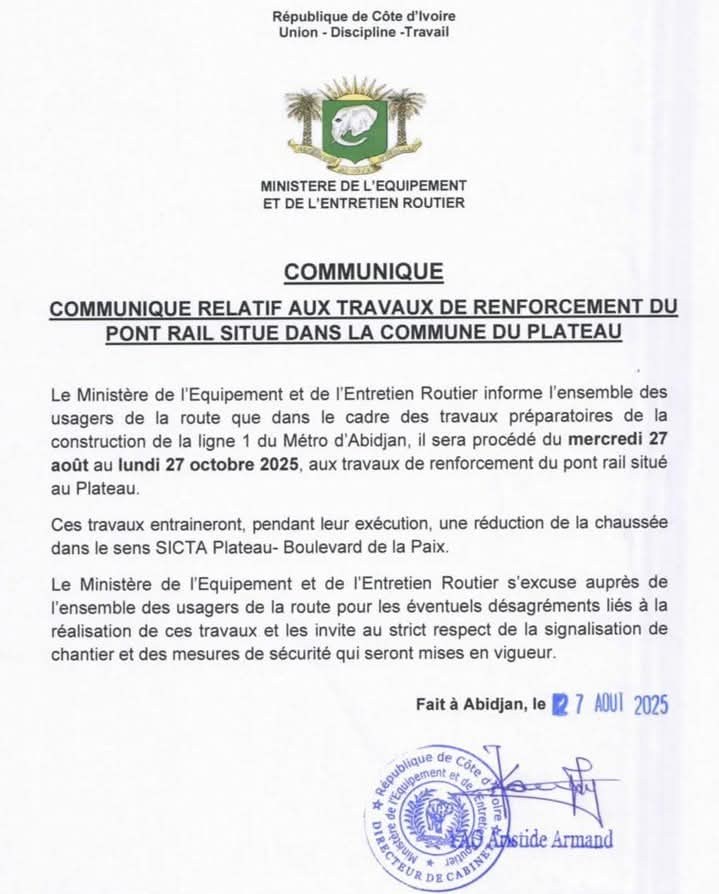 Construction ligne 1 du métro d’Abidjan : circulation réduite du 27 août au 27 octobre sur l’axe SICTA - boulevard de la Paix
