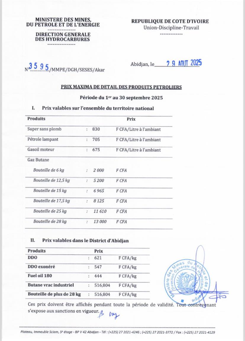 Voici les nouveaux prix de l’essence et du gazole en Côte d'Ivoire dès ce 1er septembre 2025