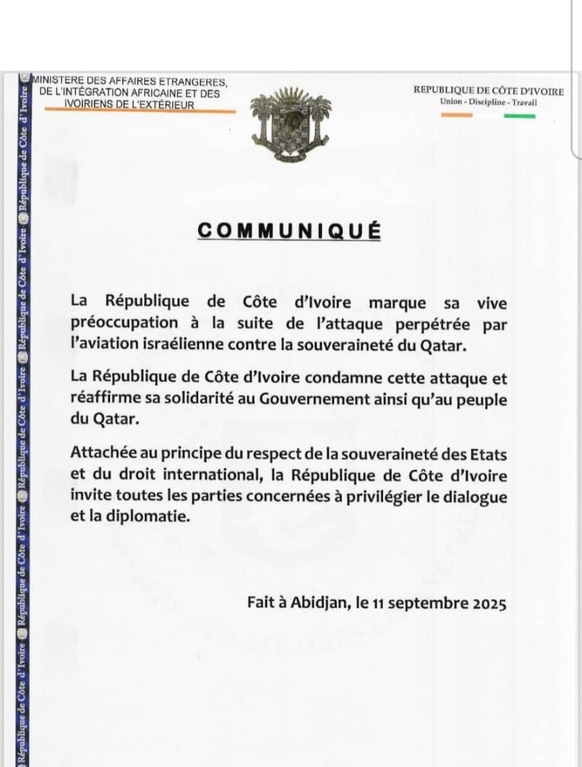 La Côte d'Ivoire condamne l'attaque israélienne contre le Qatar La Côte d'Ivoire condamne l'attaque israélienne contre le Qatar