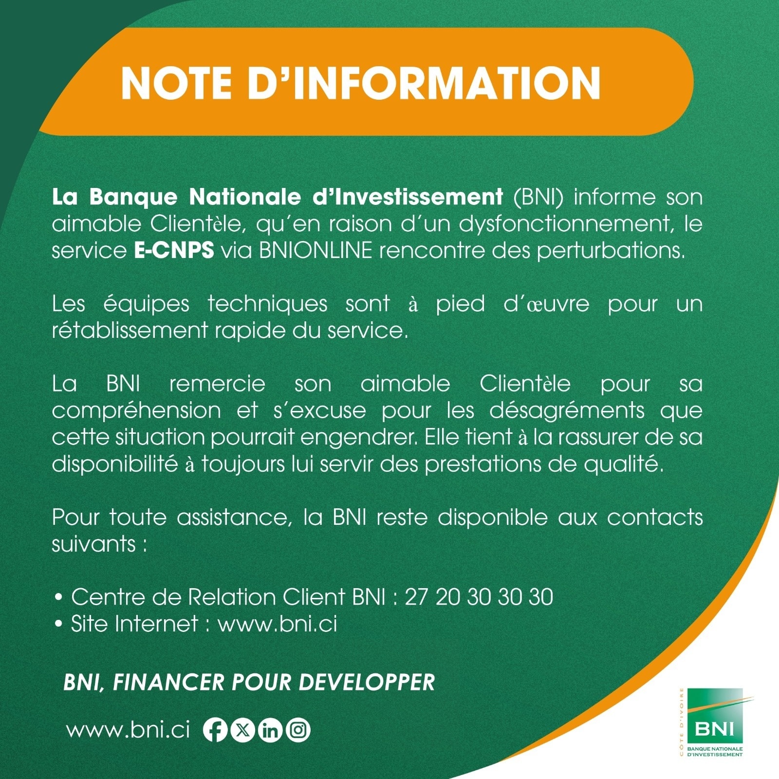 BNI Côte d'Ivoire : une panne du service E-CNPS perturbe les services BNI Côte d'Ivoire : une panne du service E-CNPS perturbe les services