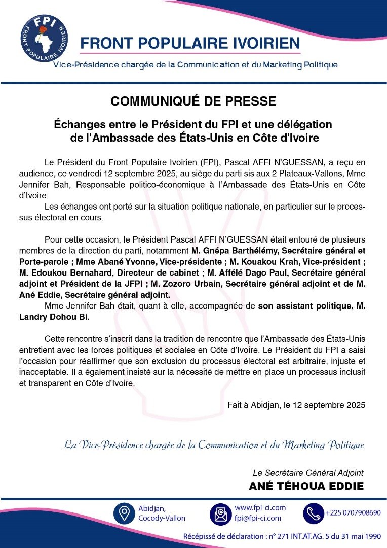 Présidentielle 2025 : une délégation de l'Ambassade des États-Unis en Côte d'Ivoire chez Affi N'Guessan Présidentielle 2025 : une délégation de l'Ambassade des États-Unis en Côte d'Ivoire chez Affi N'Guessan