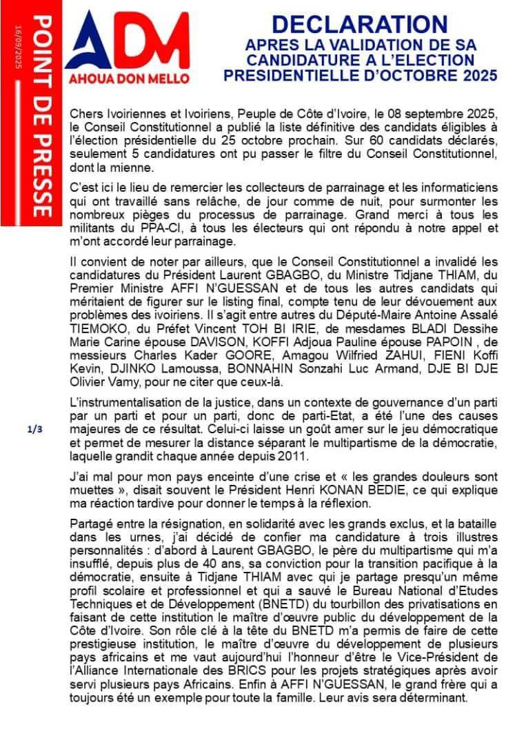Présidentielle d'octobre 2025 : Don Mello affirme que l'histoire prouve la victoire du peuple sur Ouattara