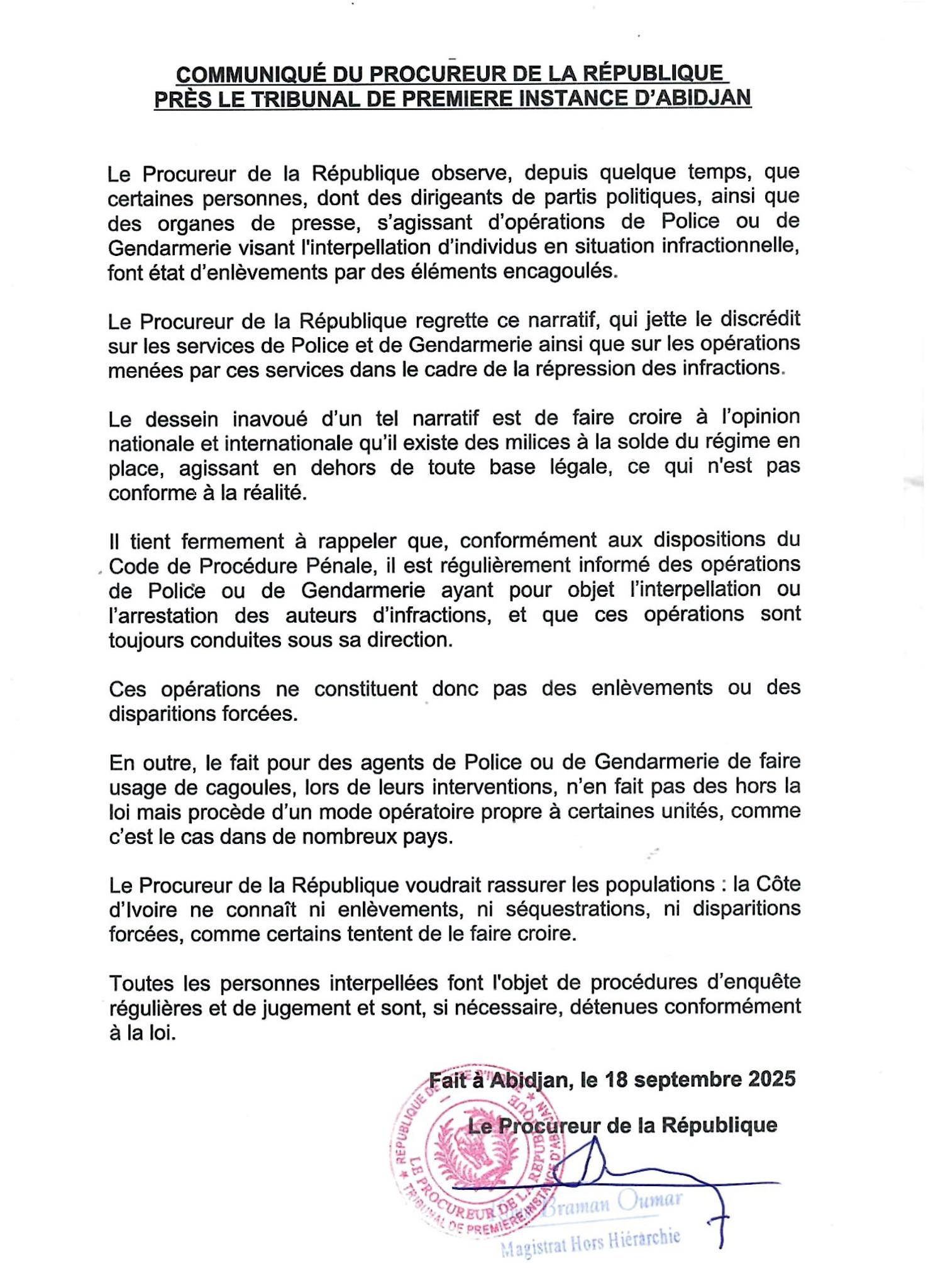 Le communiqué du Procureur de la République de Côte d'Ivoire qui dément les accusations d'enlèvements et disparitions forcées