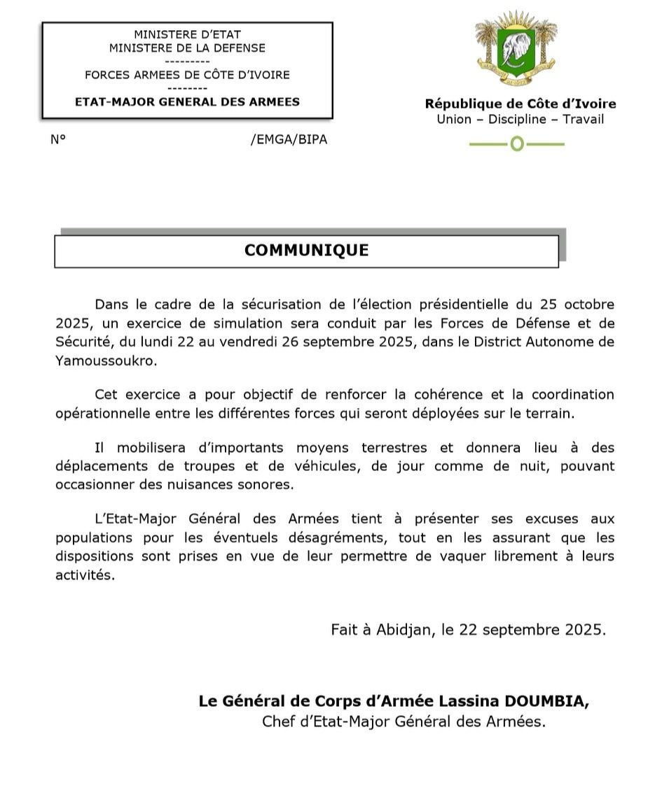 Exercice militaire à Yamoussoukro pour sécuriser l'élection présidentielle d'octobre 2025 en Côte d'Ivoire