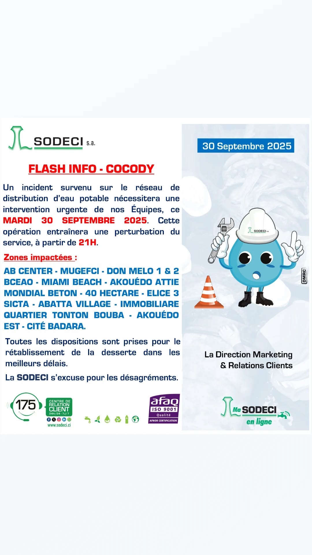 La SODECI annonce une coupure d'eau à Cocody dès 21h : Plus de quinze quartiers touchés