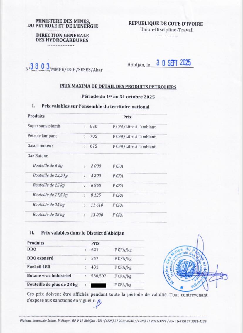 Voici le prix du carburant (super sans plomb et gasoil) en Côte d'Ivoire dès ce 1er octobre 2025