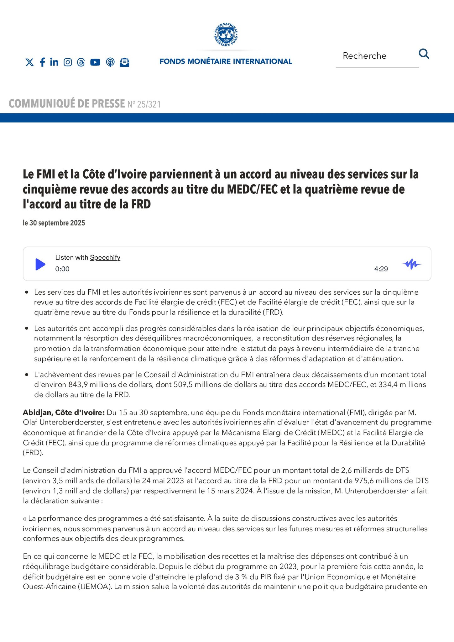Le FMI débloque 843 millions de dollars pour la Côte d'Ivoire