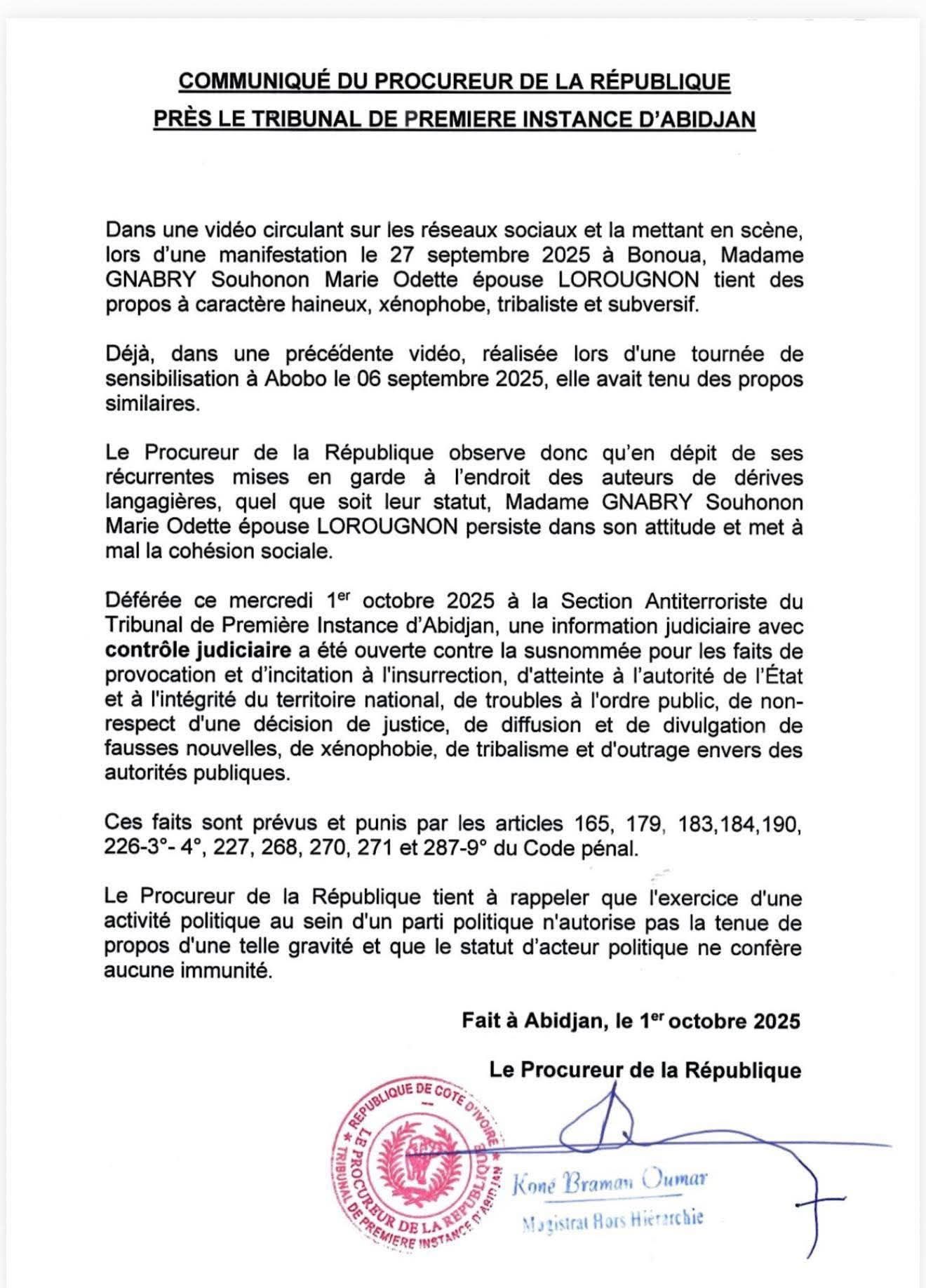 Marie Odette Lorougnon poursuivie pour propos haineux et incitation à l'insurrection en Côte d'Ivoire : le communiqué du Procureur